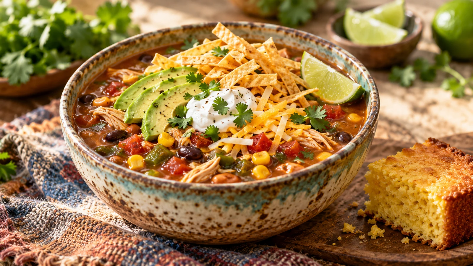 7 can taco soup served with avocado, cheese, sour cream, cilantro, tortilla strips, lime, and warm cornbread.
