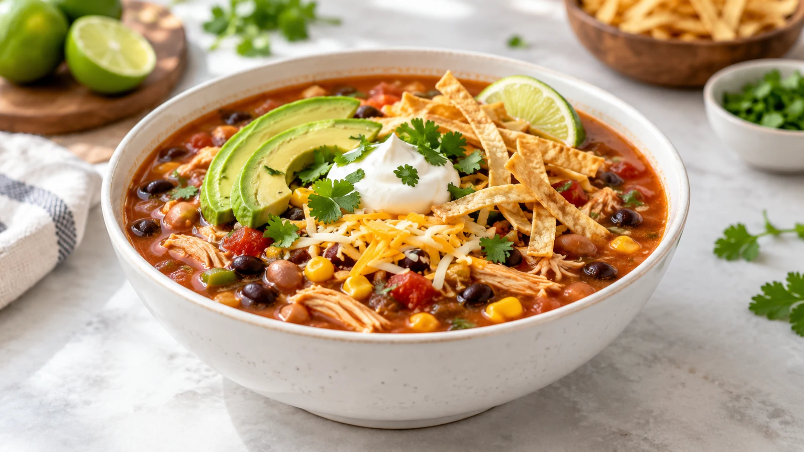 7 can taco soup with chicken, beans, corn, tomatoes, avocado, cheese, sour cream, and tortilla strips.