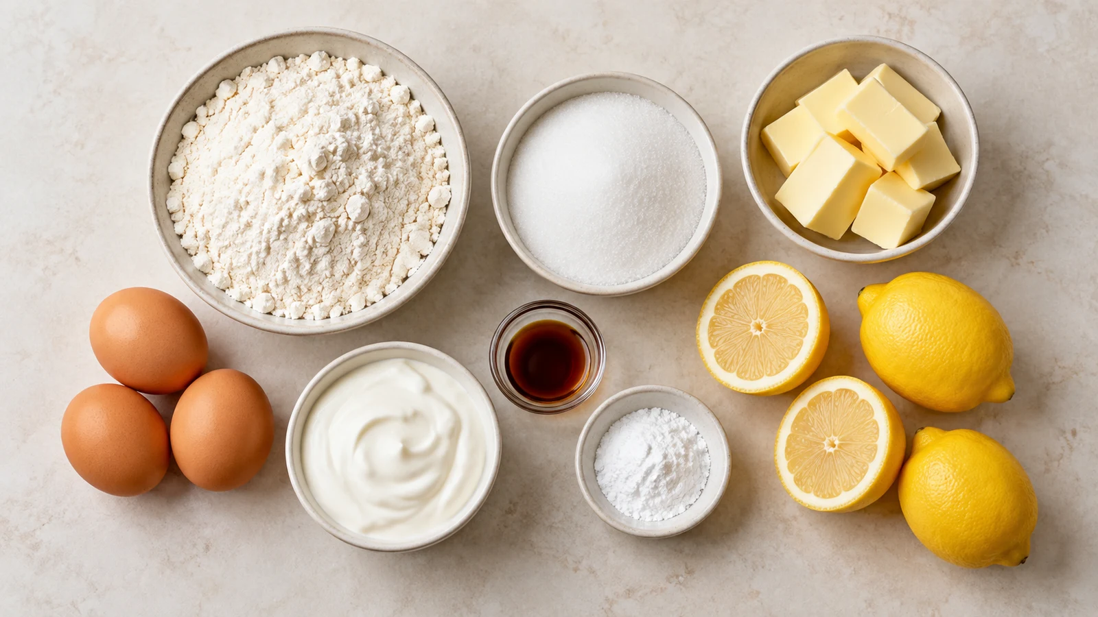 Afroman lemon pound cake recipe: ingredients for afroman lemon pound cake arranged in a bright, organized flat lay.