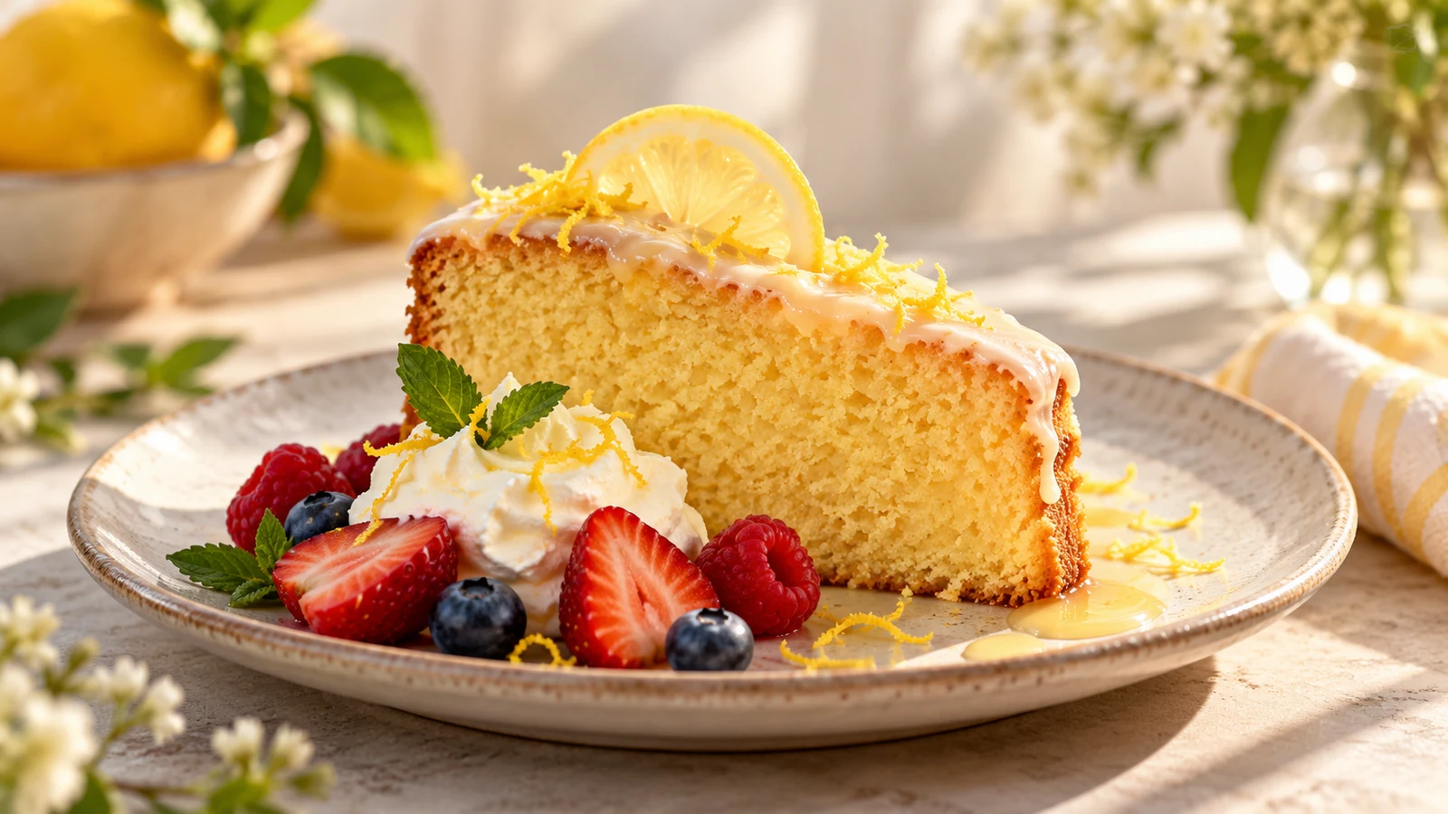 Slice of afroman lemon pound cake served with fresh berries and lightly whipped cream.