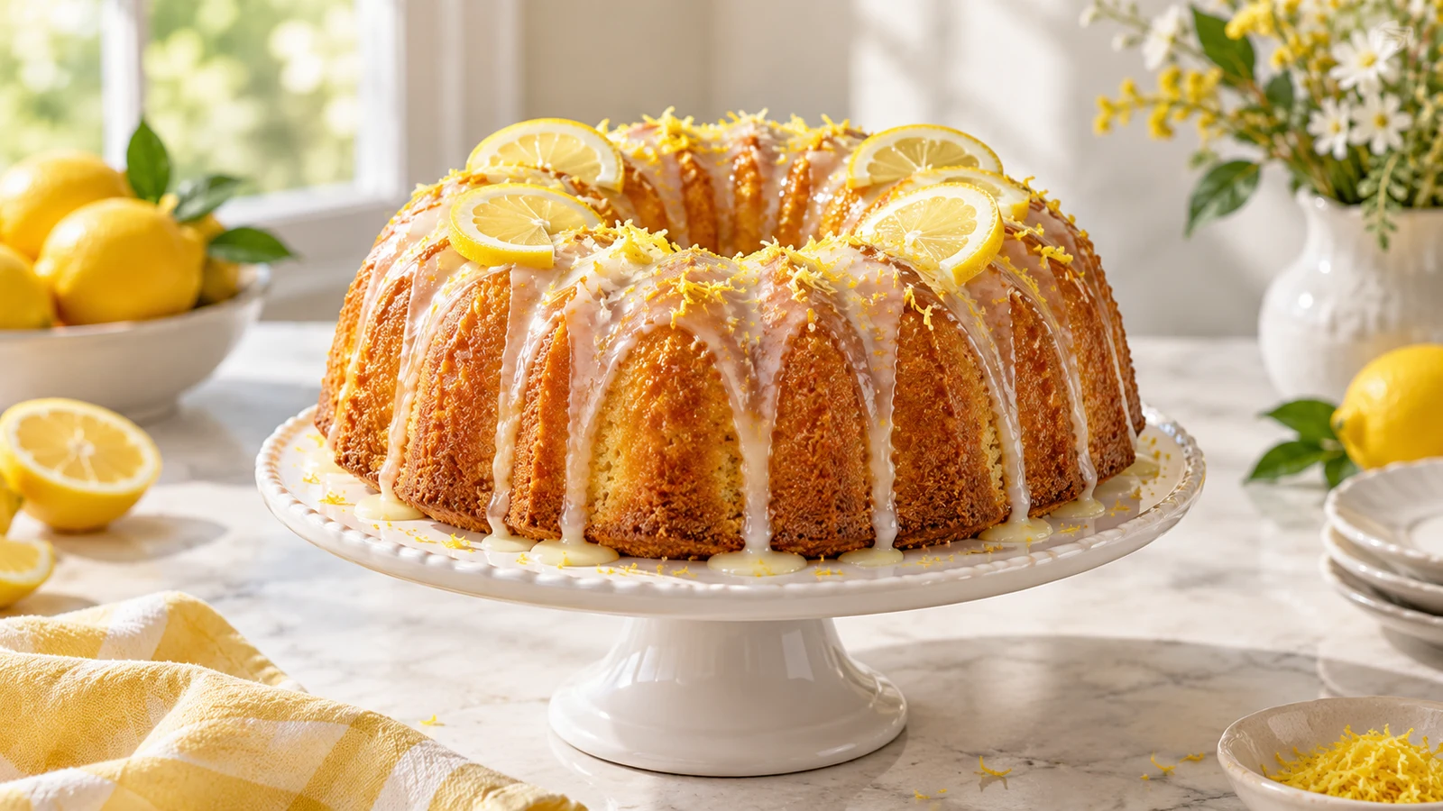 Glazed afroman lemon pound cake with lemon zest and slices on a white cake stand.