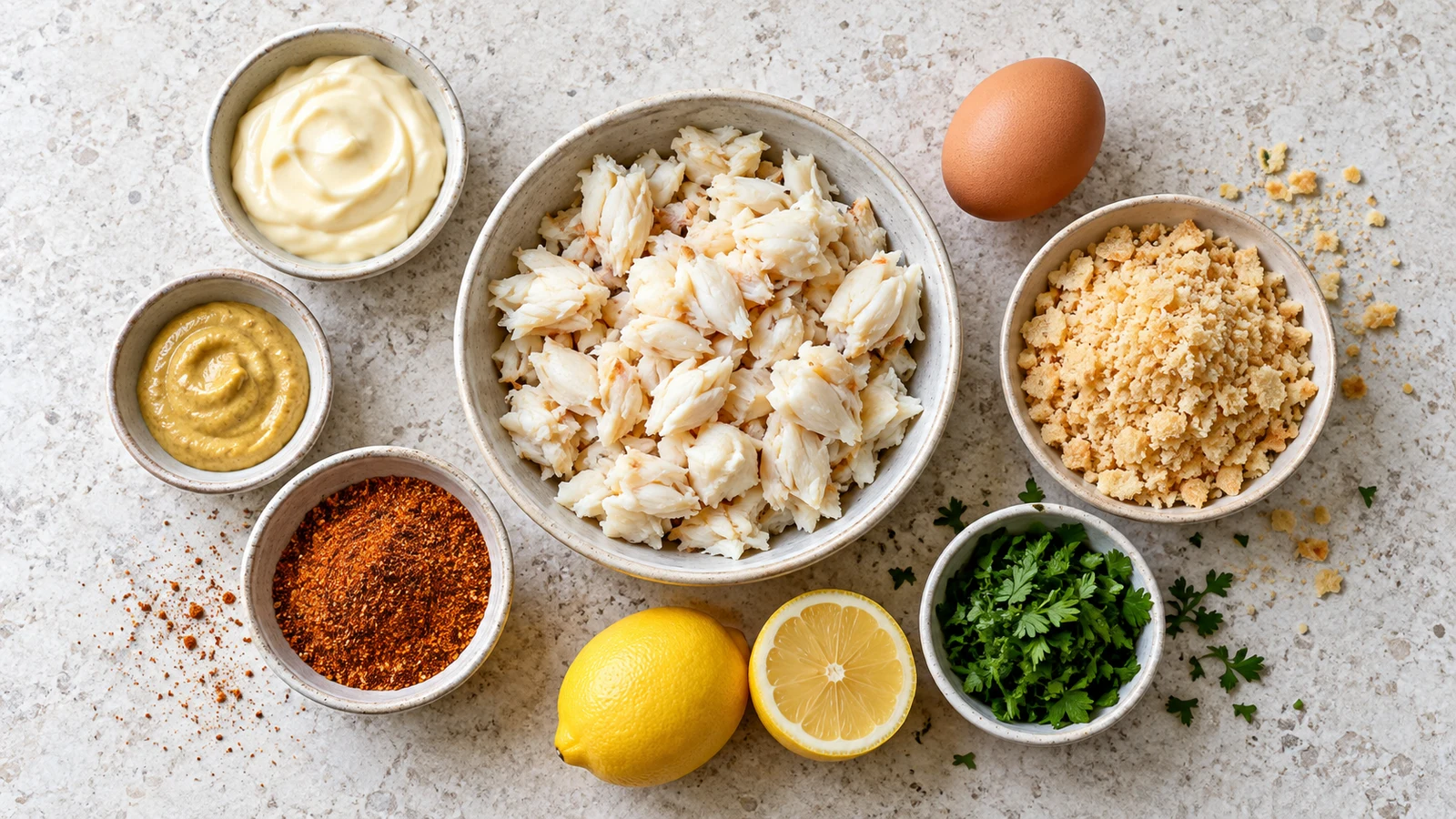 Air fry crab cakes recipe: air fry crab cakes ingredients arranged neatly in bowls on a light stone surface.