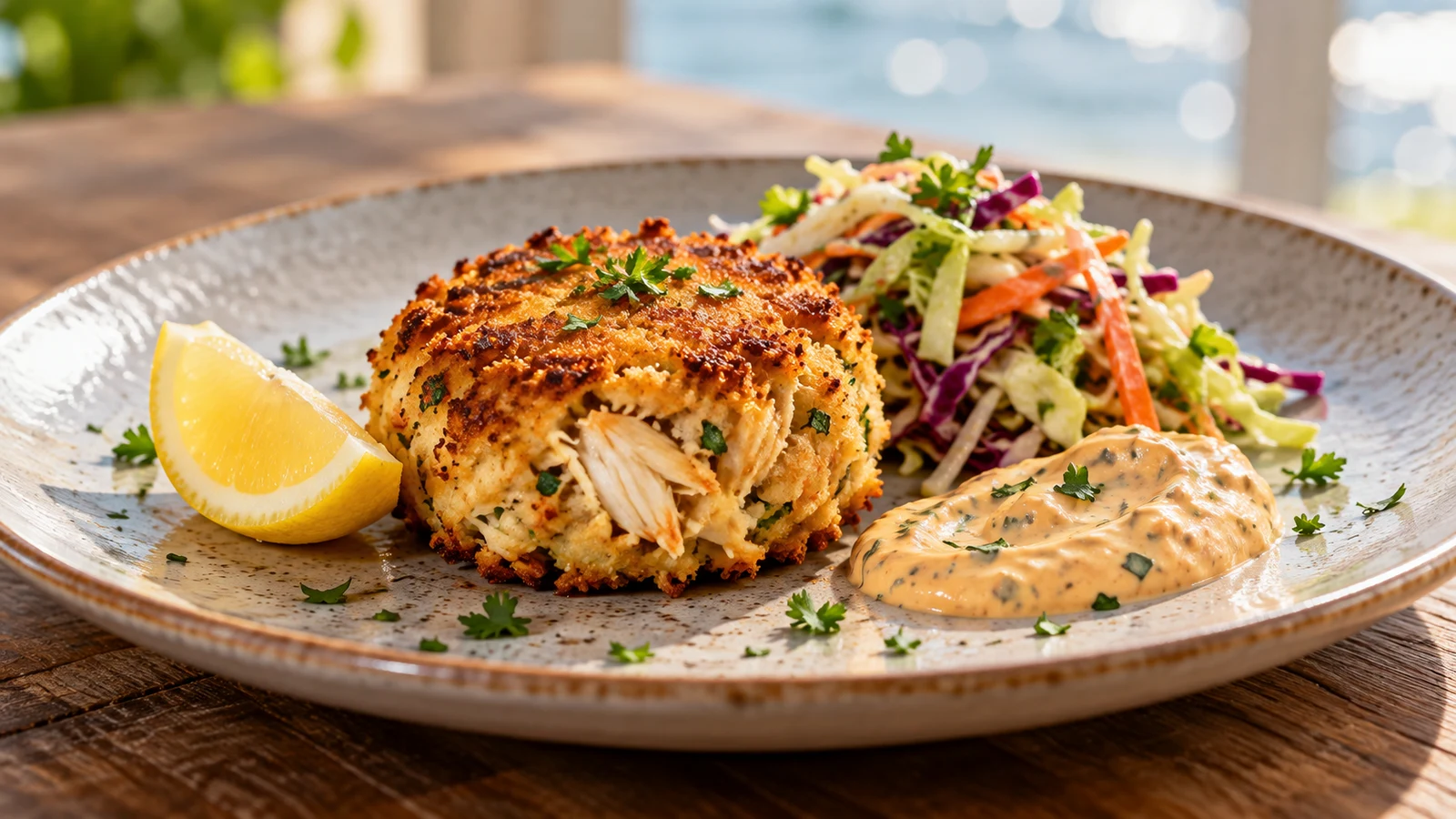 Air fry crab cakes served with bright cabbage slaw, remoulade, parsley, and lemon.