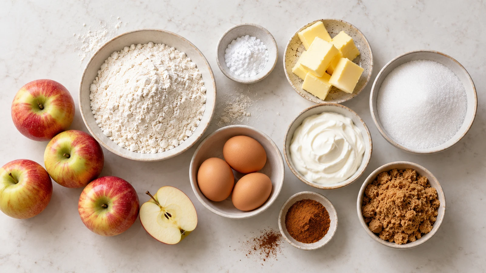 Apple coffee cake recipe: apple coffee cake ingredients arranged with flour, butter, eggs, sour cream, apples, cinnamon, and sugars.