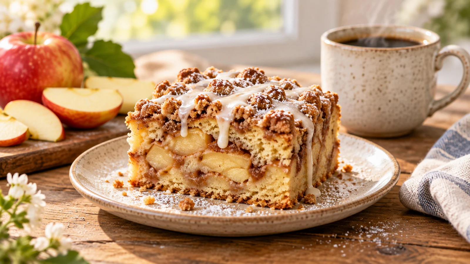 Apple coffee cake slice with vanilla glaze, powdered sugar, fresh apple slices, and hot coffee.
