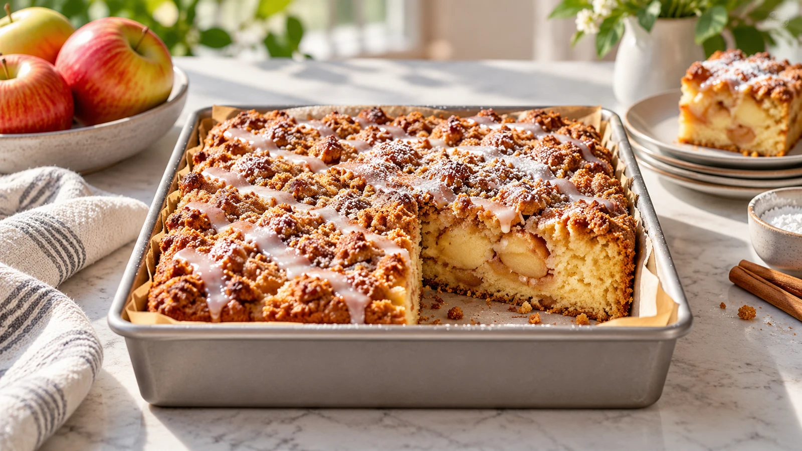 Apple coffee cake with golden cinnamon streusel, vanilla glaze, powdered sugar, and tender apple pieces.
