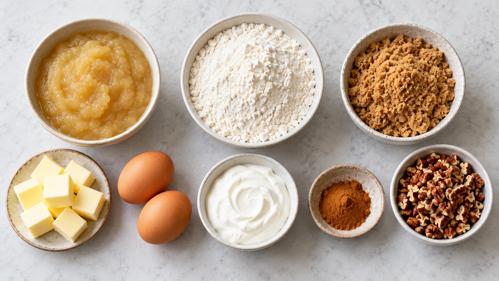Applesauce coffee cake recipe: ingredients for applesauce coffee cake, including applesauce, flour, cinnamon, brown sugar, and pecans.