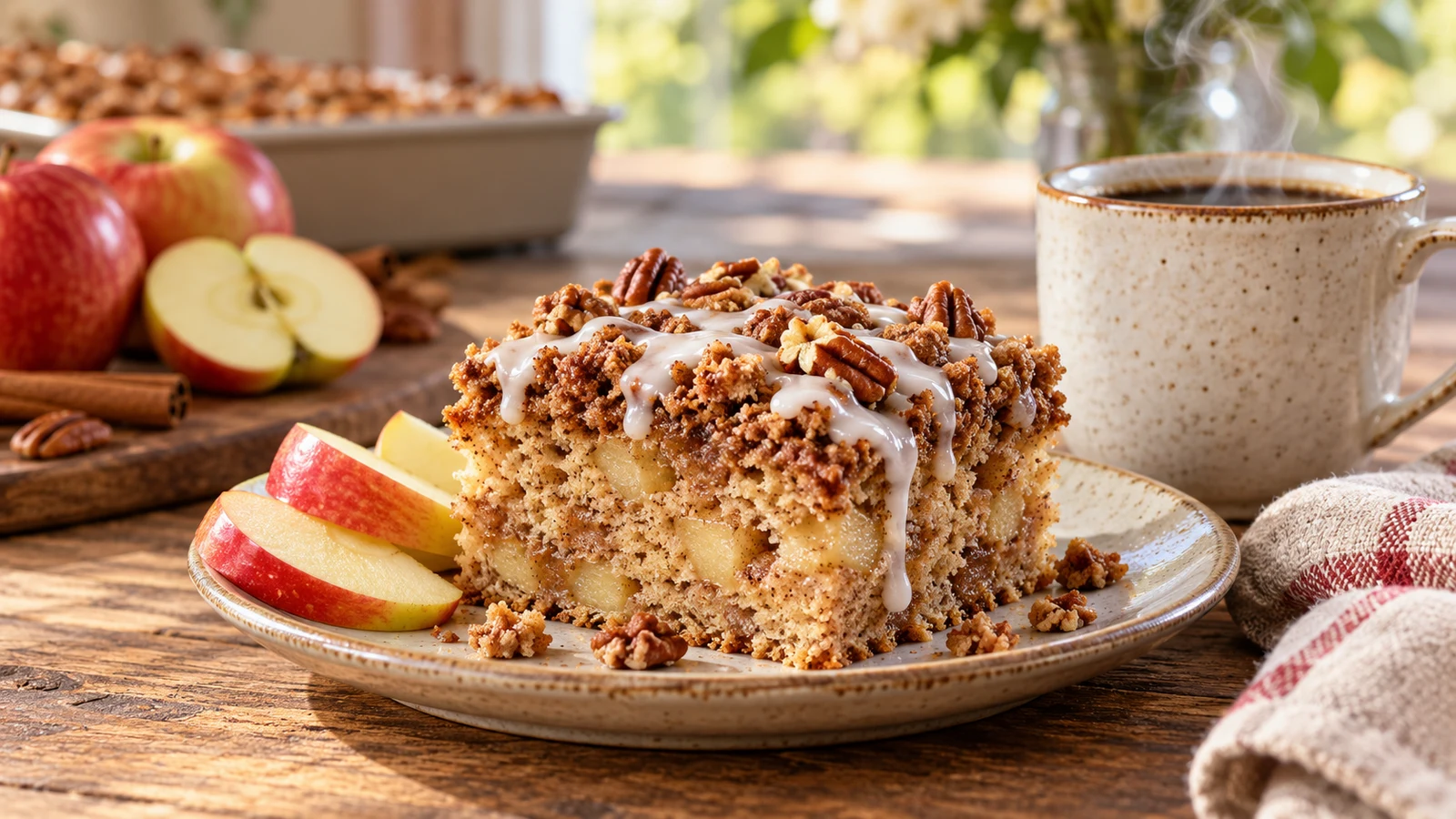 Applesauce coffee cake slice with vanilla glaze, fresh apple slices, and a hot cup of coffee.