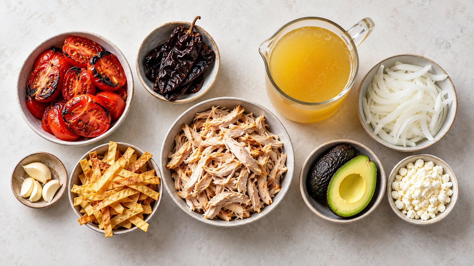 Authentic chicken tortilla soup recipe: ingredients for authentic chicken tortilla soup arranged in a bright, organized overhead flat lay.