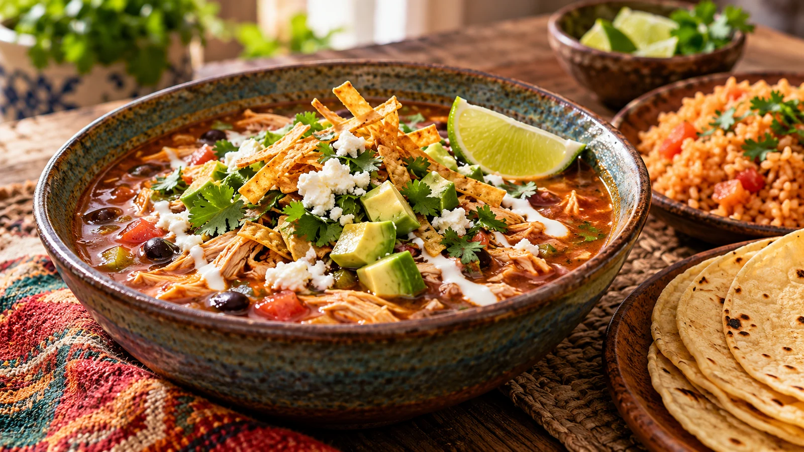 Authentic chicken tortilla soup served with warm corn tortillas, Mexican rice, lime, avocado, and cotija.
