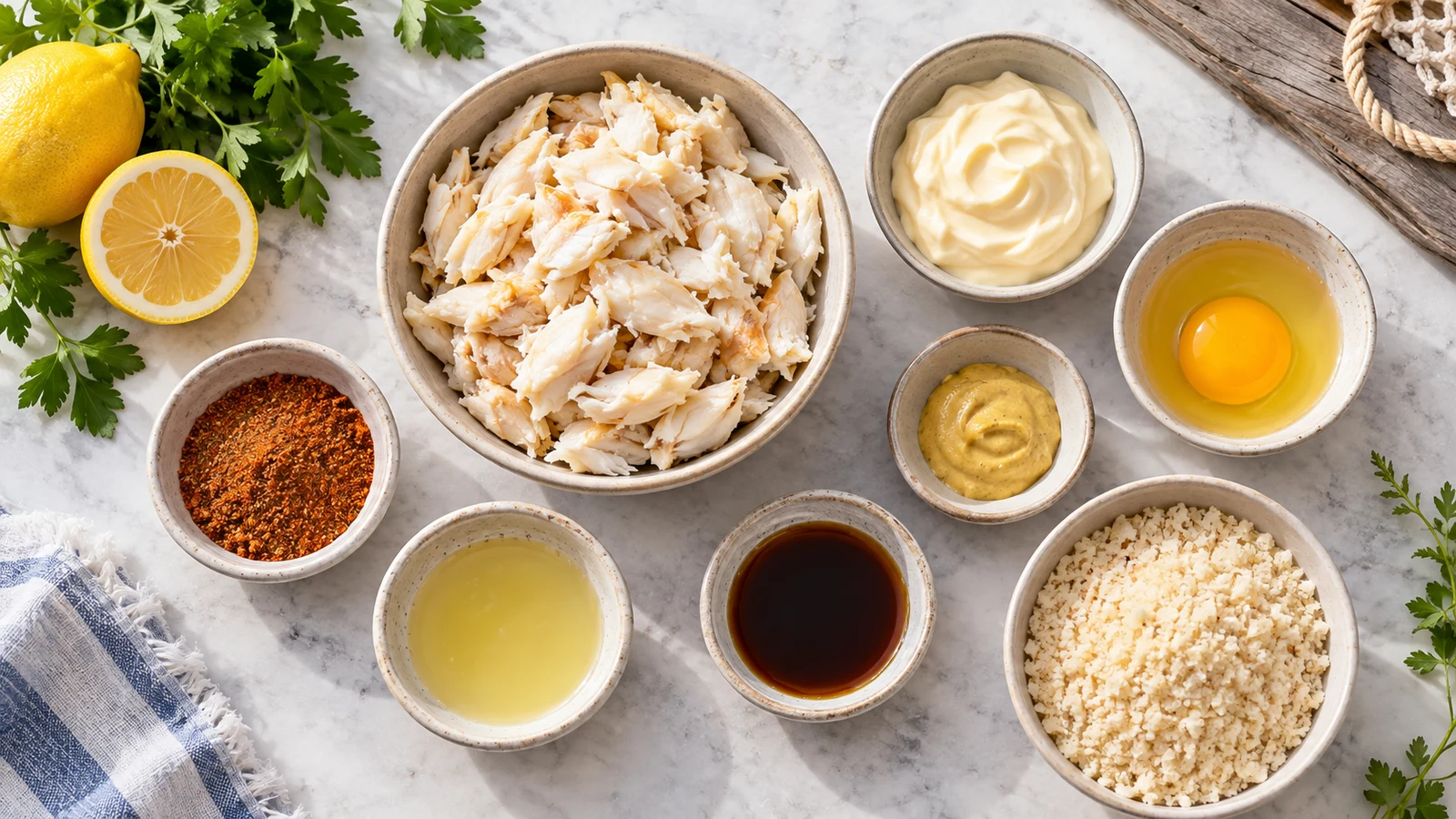Baked crab cake recipe: baked crab cake ingredients including lump crab, panko, egg, mayonnaise, mustard, and lemon.