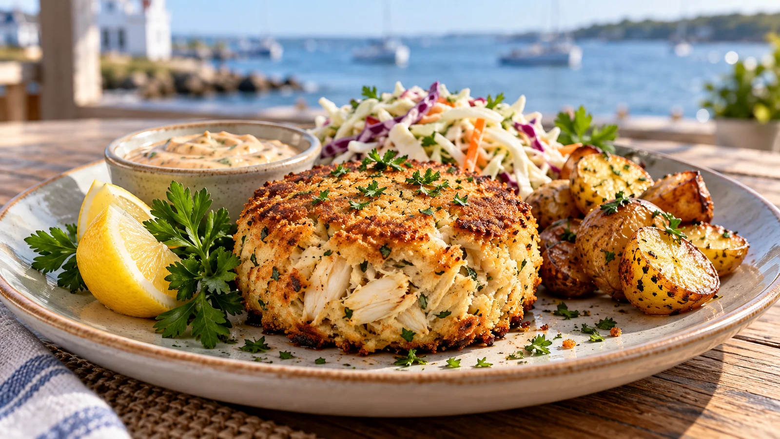 Baked crab cake served with remoulade, crisp coleslaw, roasted potatoes, parsley, and lemon.