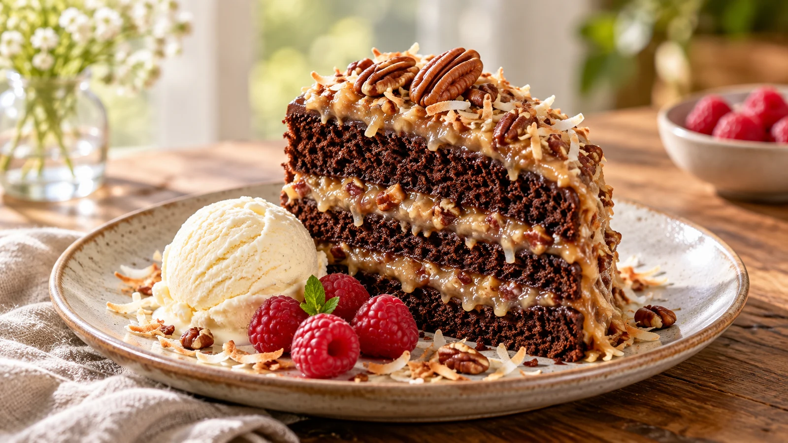 Slice of baker's german chocolate cake served with vanilla ice cream, fresh raspberries, pecans, and coconut.