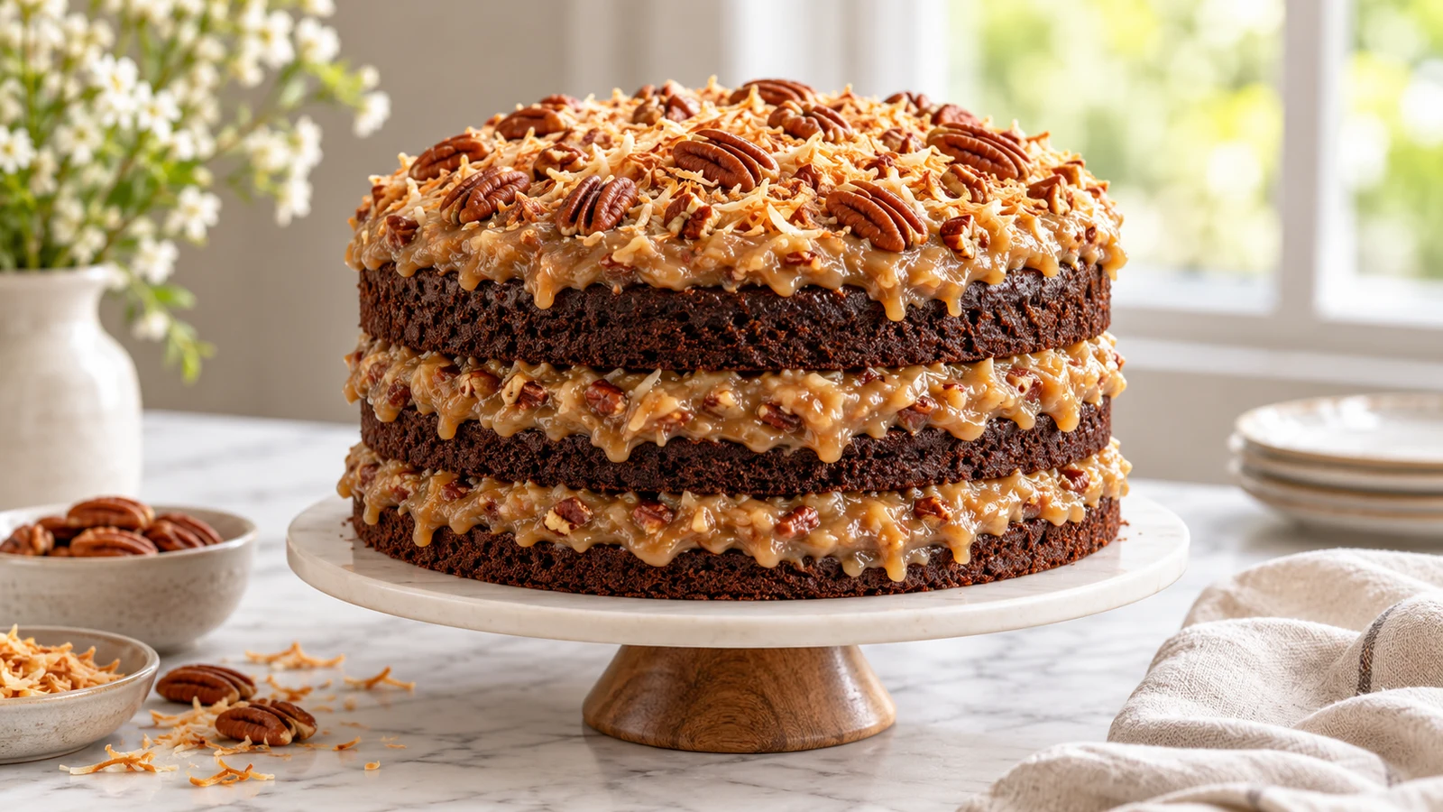 Three-layer baker's german chocolate cake with caramel coconut-pecan frosting, toasted pecans, and coconut.