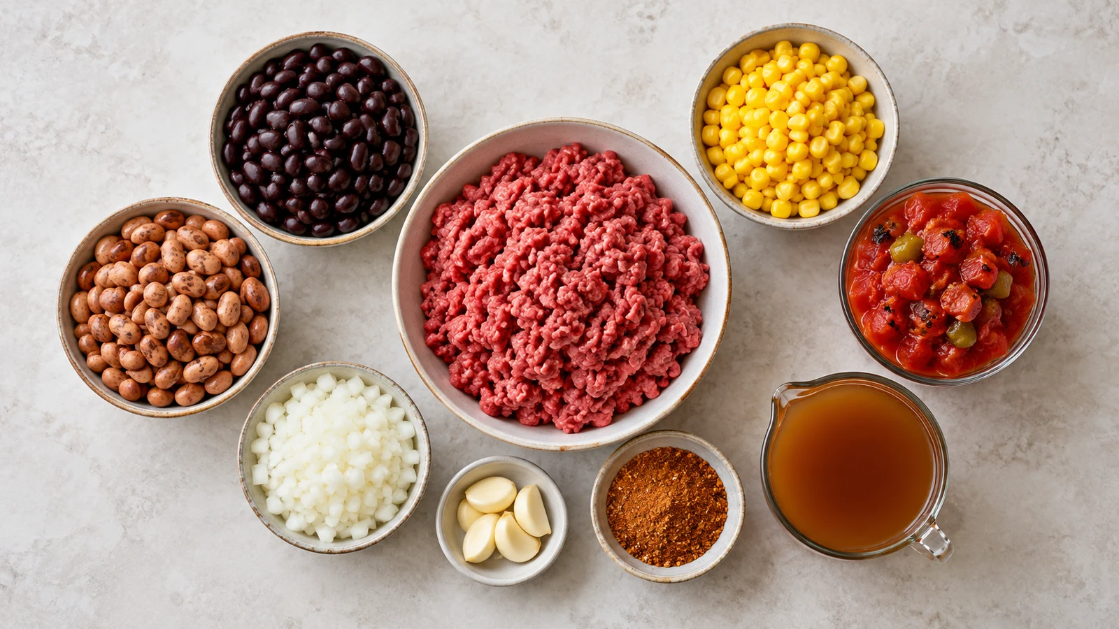 Best taco soup recipe: best taco soup ingredients with beef, beans, corn, tomatoes, onion, garlic, seasoning and broth.