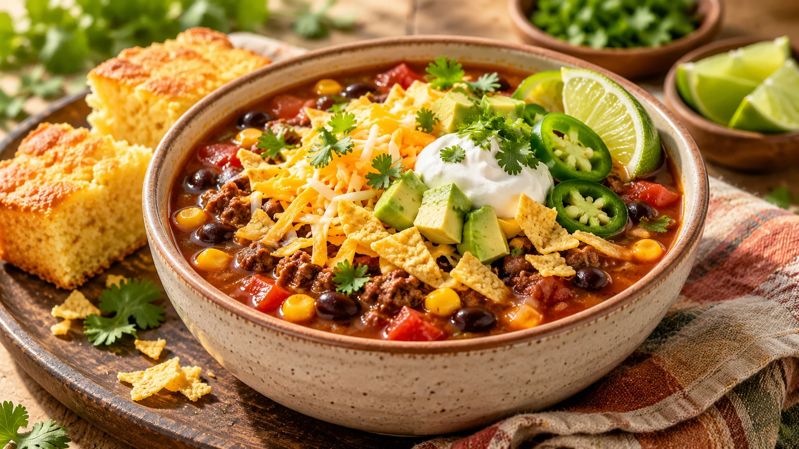 Best taco soup served with fresh garnishes, crushed tortilla chips and warm cornbread.