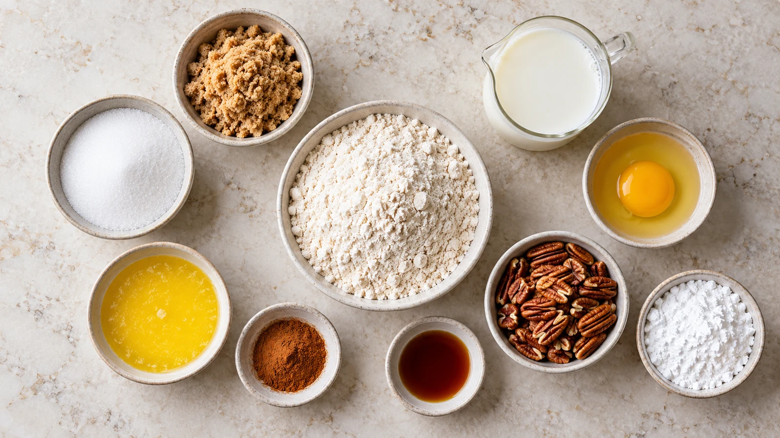 Bisquick coffee cake recipe: ingredients for Bisquick coffee cake arranged in bowls on a light stone surface.