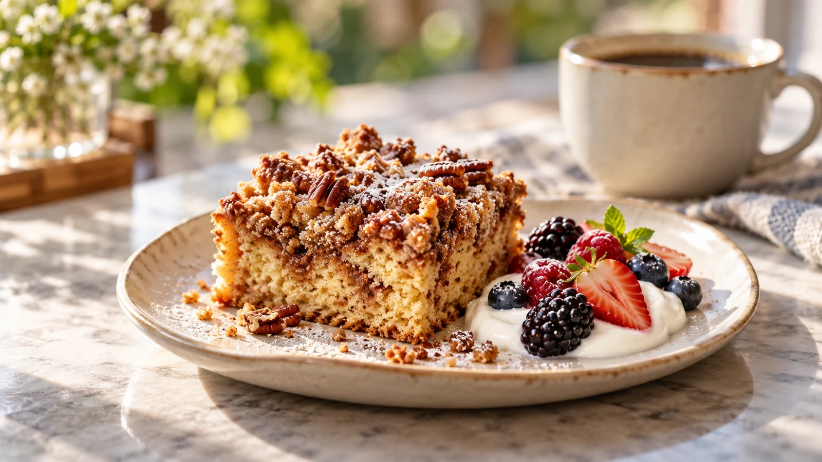 Bisquick coffee cake slice with powdered sugar, fresh berries, yogurt, and coffee.