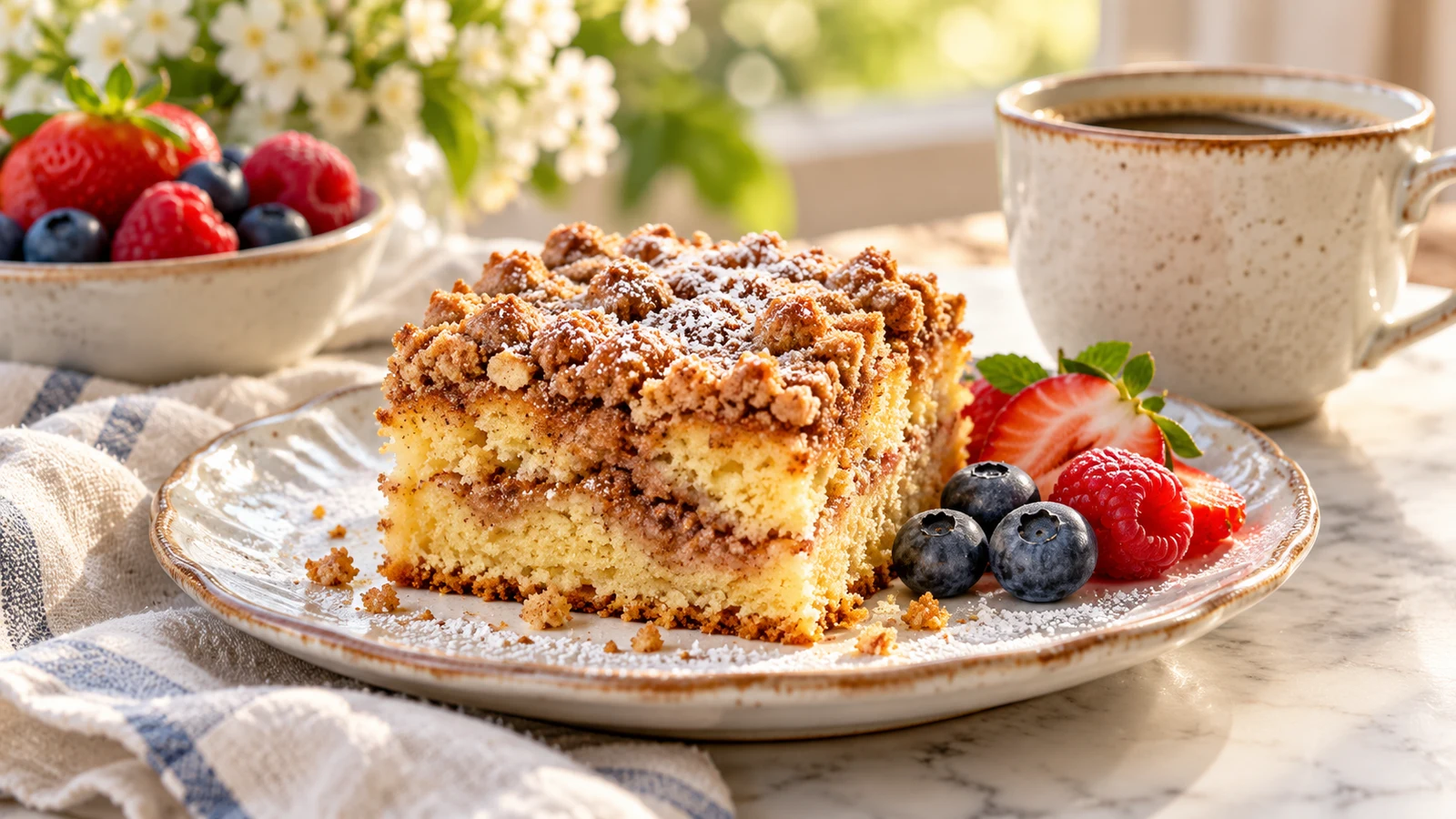 Bisquick coffee cake recipes serving with cinnamon streusel, fresh berries, and coffee