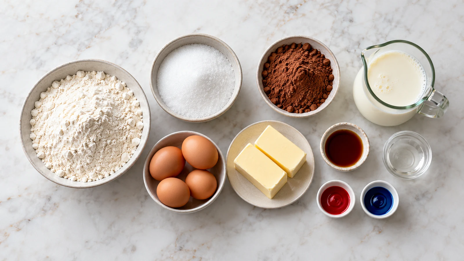 Blue red velvet cake recipe: blue red velvet cake ingredients arranged in bowls, including flour, cocoa, buttermilk, eggs, butter, and gel colors.