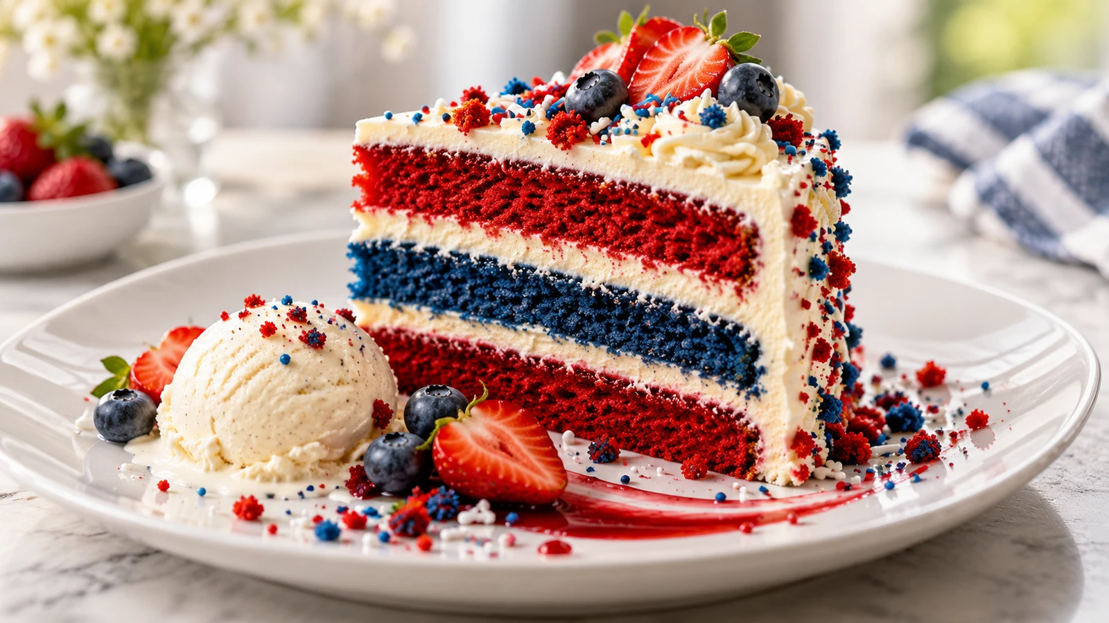 Blue red velvet cake slice served with white frosting, fresh berries, festive sprinkles, and vanilla ice cream.