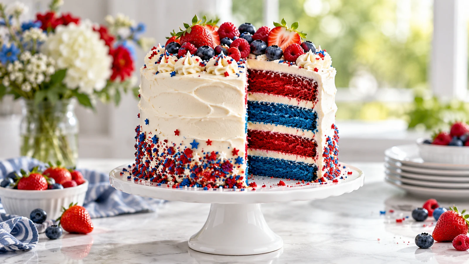 Blue red velvet cake with vivid layered crumb, white frosting, fresh berries, colorful crumbs, and festive sprinkles.