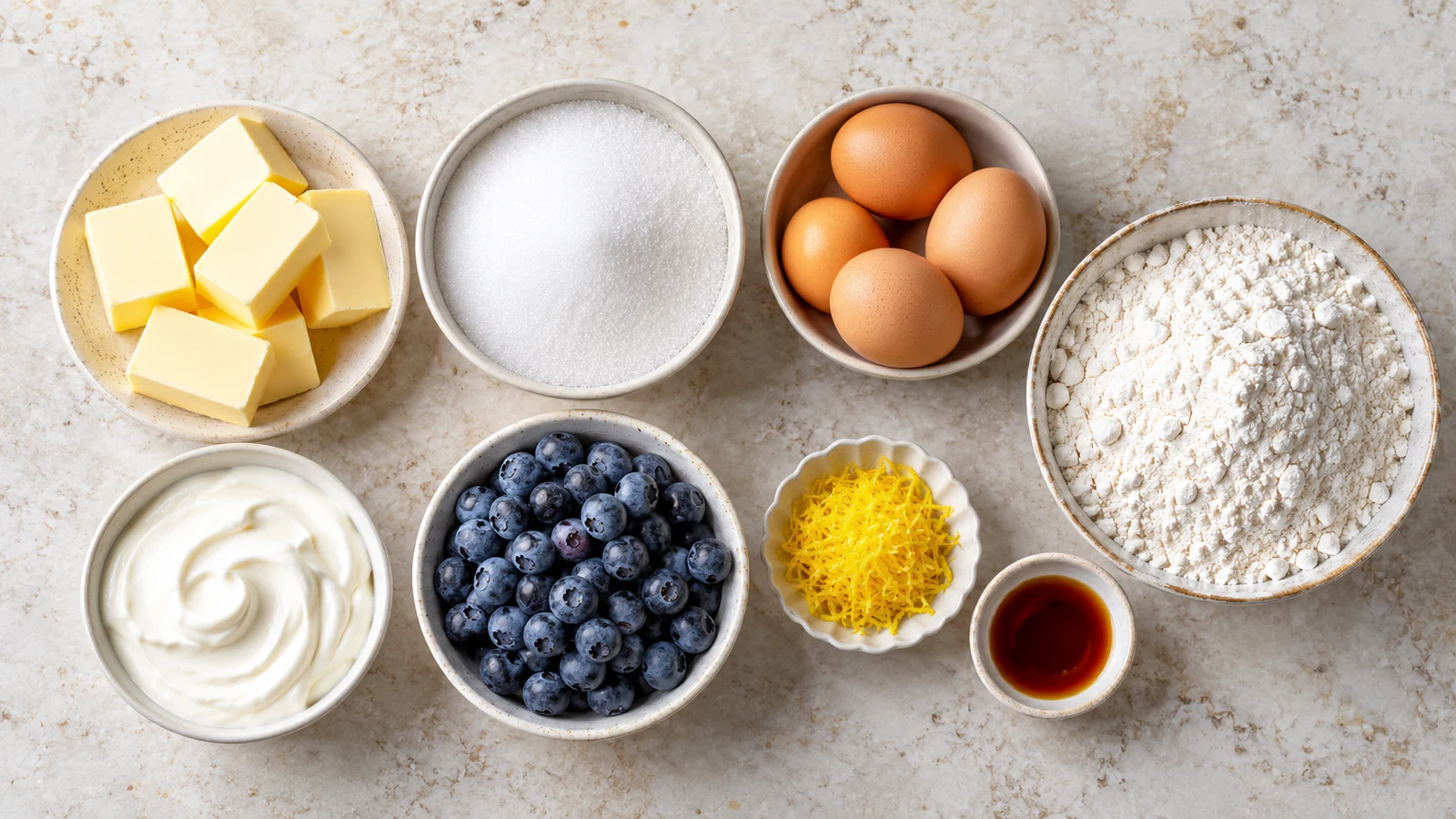 Blueberry pound cake recipe: ingredients for blueberry pound cake arranged neatly in bowls on a bright, light stone surface.