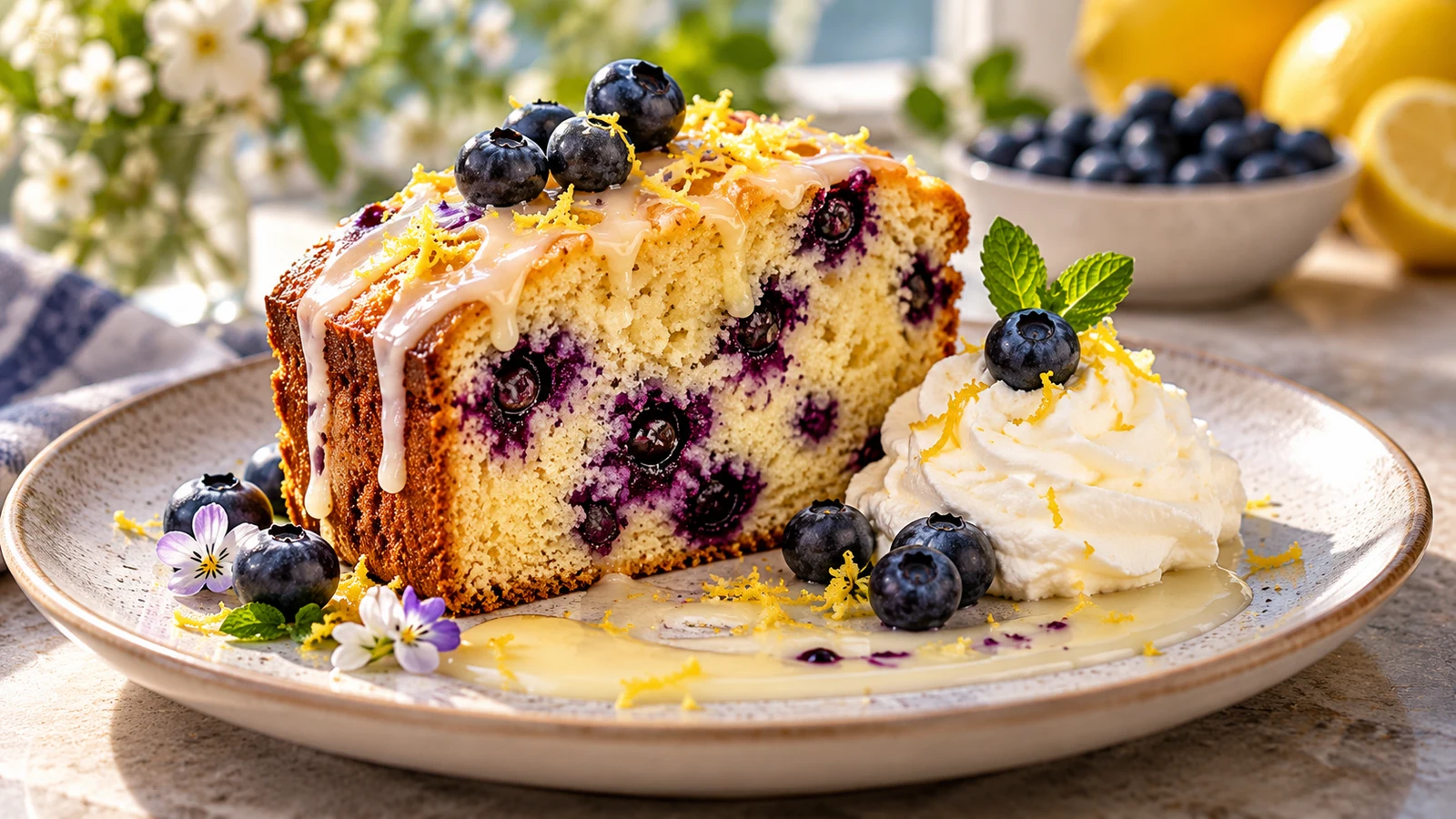 Slice of blueberry pound cake with lemon glaze, fresh berries, lemon zest, and whipped cream.