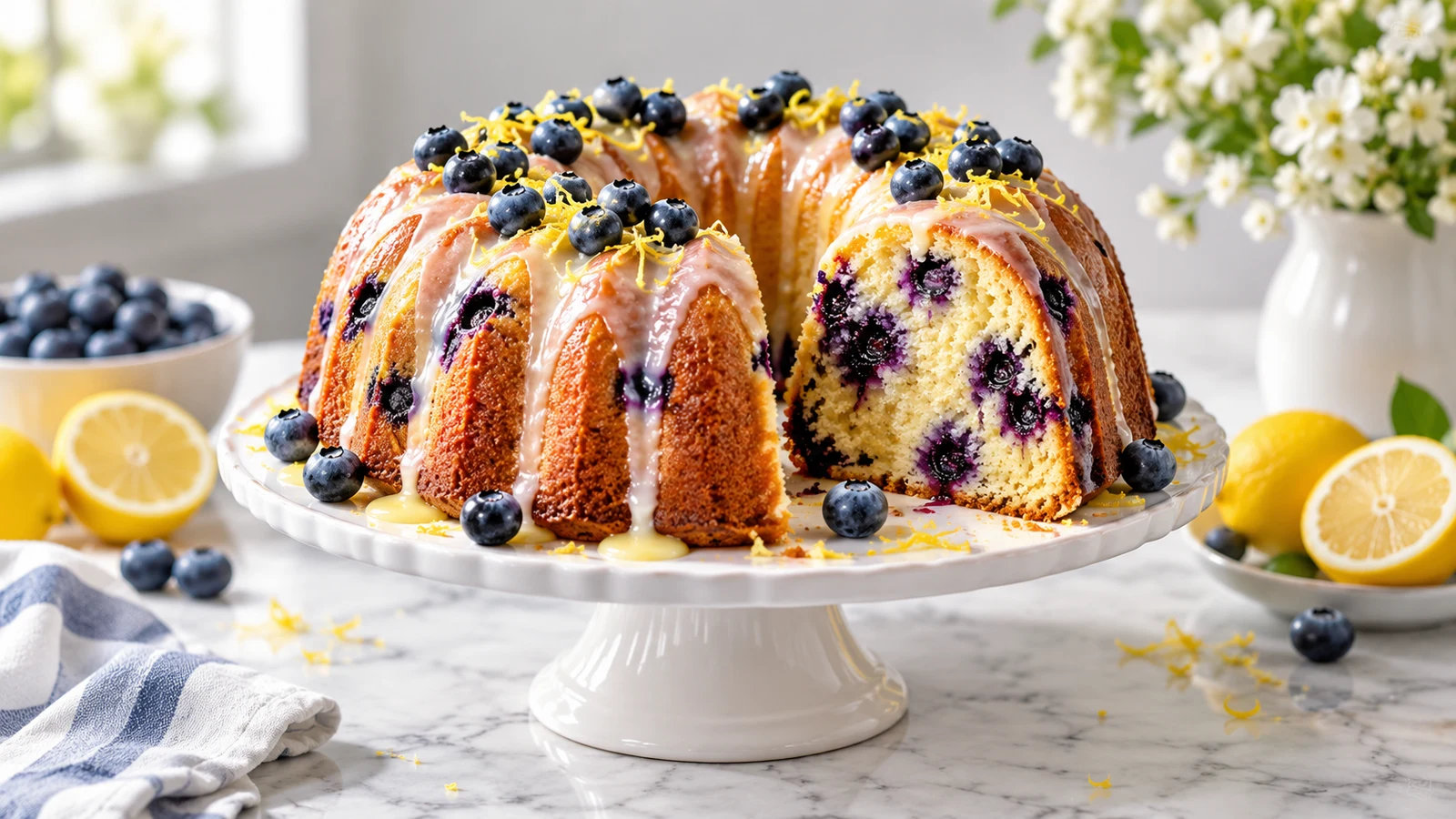 Moist blueberry pound cake with glossy lemon glaze, fresh berries, and finely grated lemon zest.