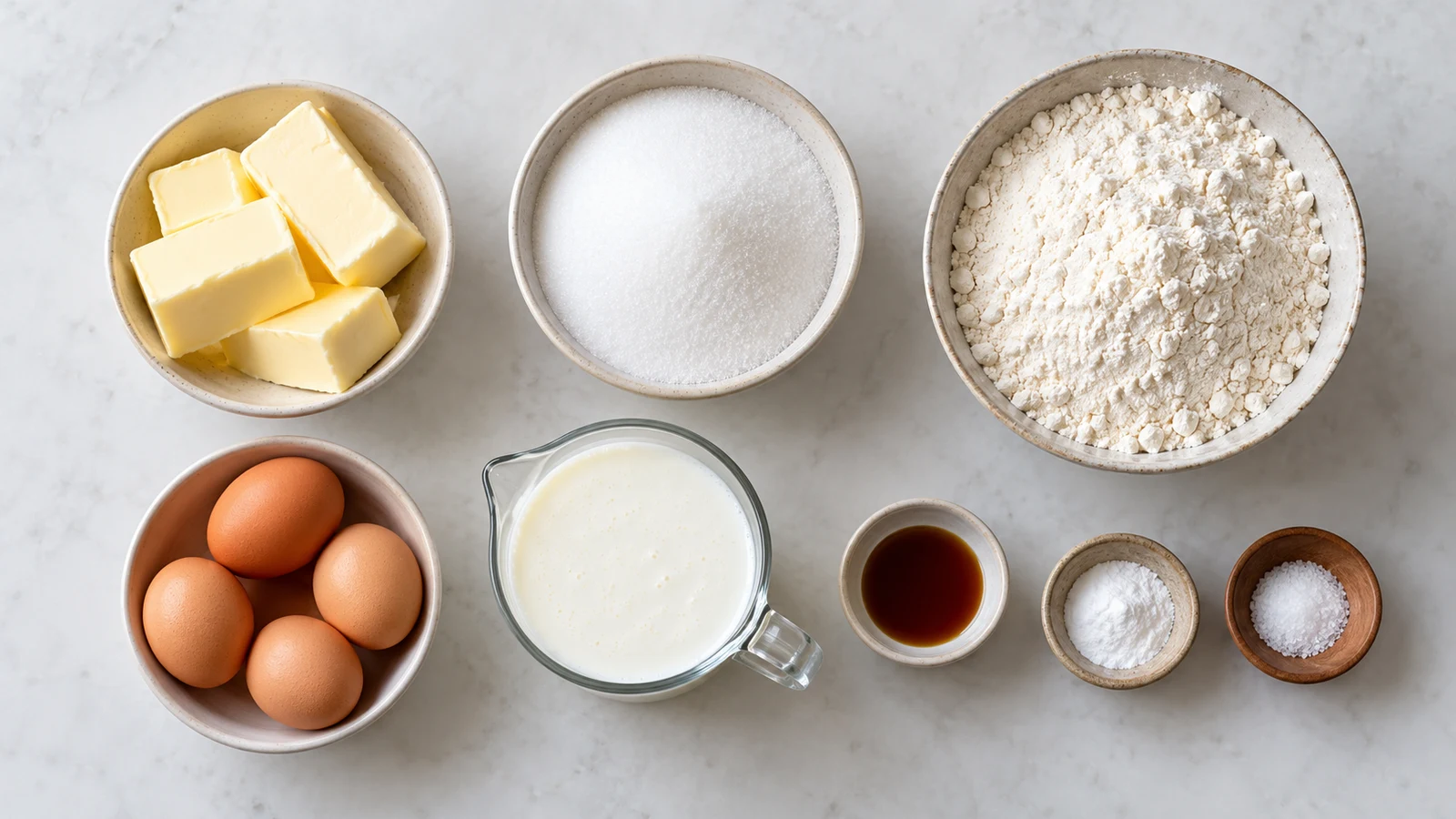 Buttermilk pound cake recipe: buttermilk pound cake ingredients arranged in bowls on a clean, light surface.