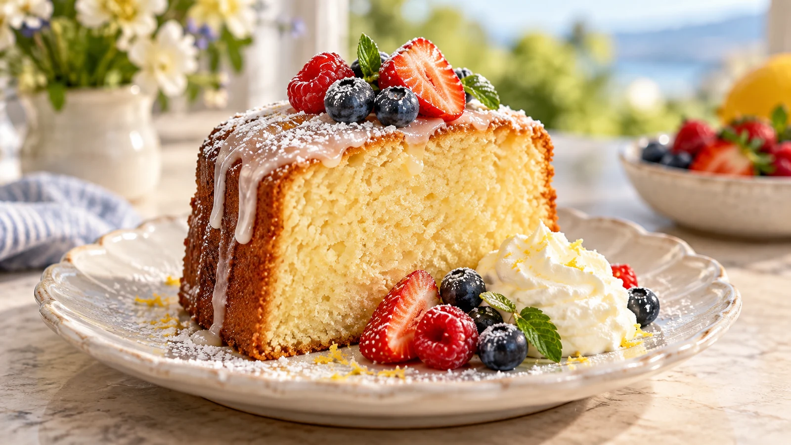 Slice of buttermilk pound cake served with glaze, mixed berries, powdered sugar, and whipped cream.