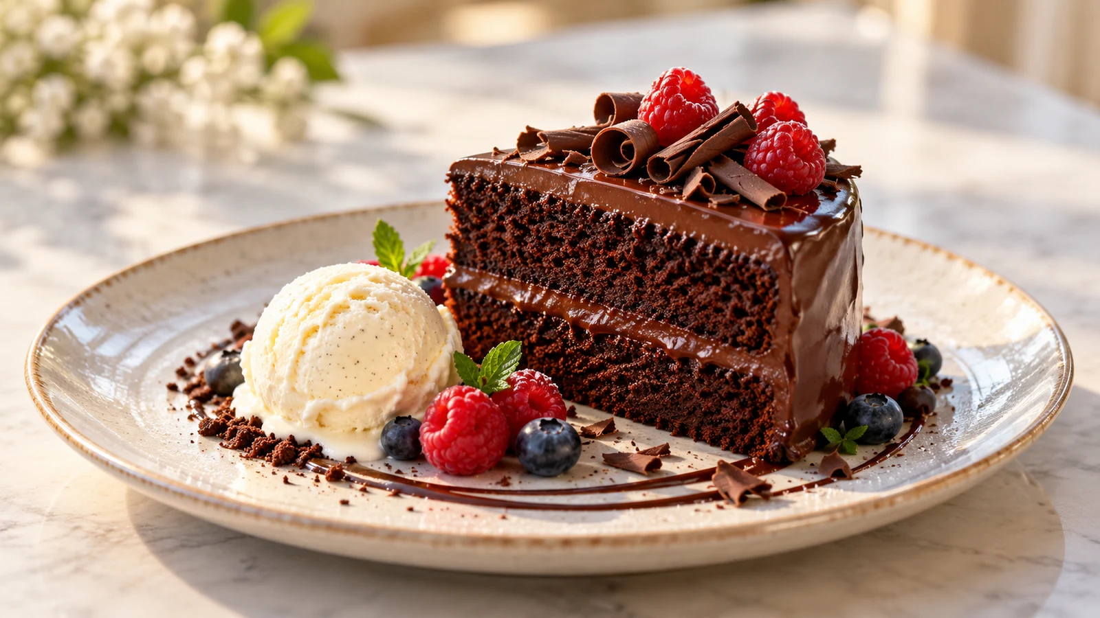 Cake with chocolate ganache served with vanilla ice cream, chocolate curls and fresh berries.