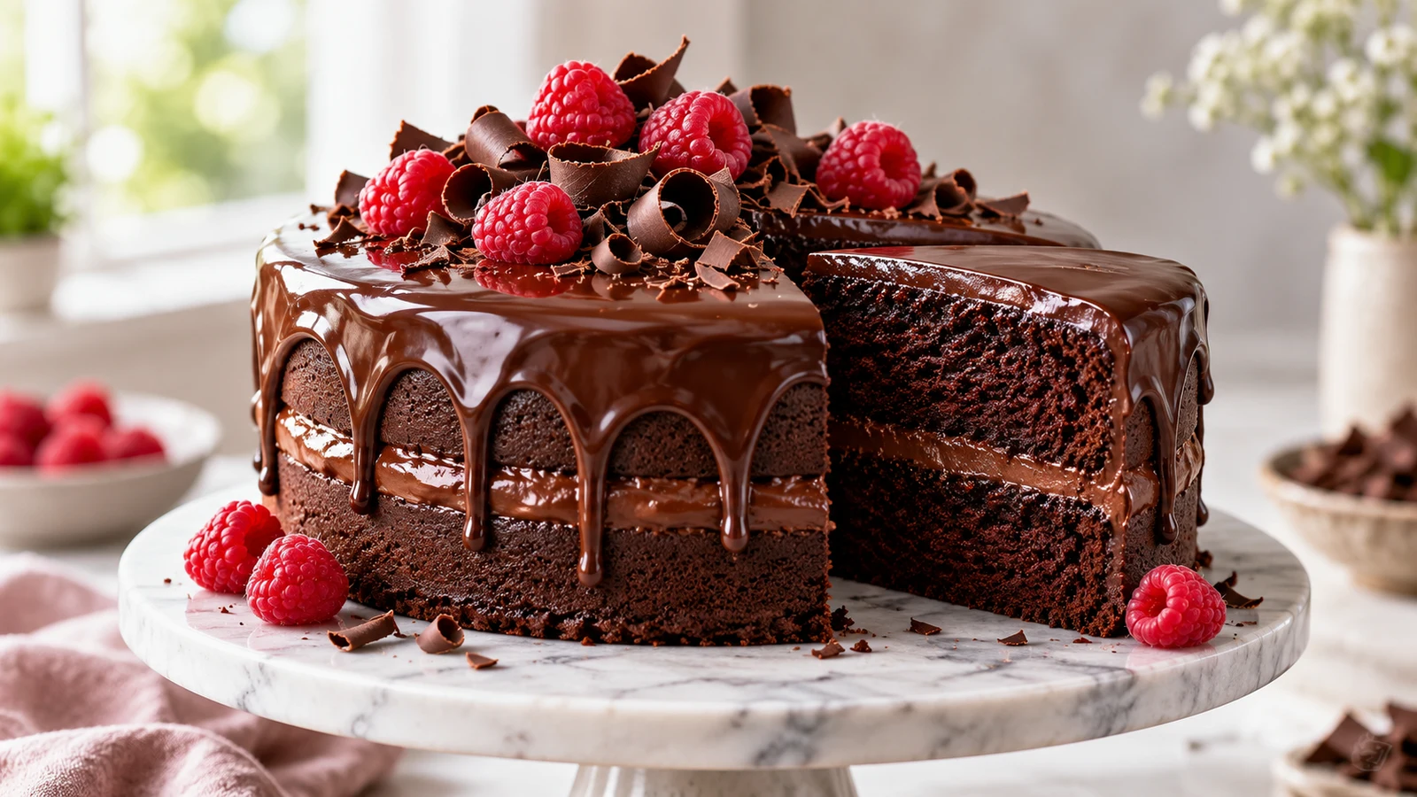 Cake with chocolate ganache with glossy drips, moist crumb, chocolate curls and fresh raspberries.