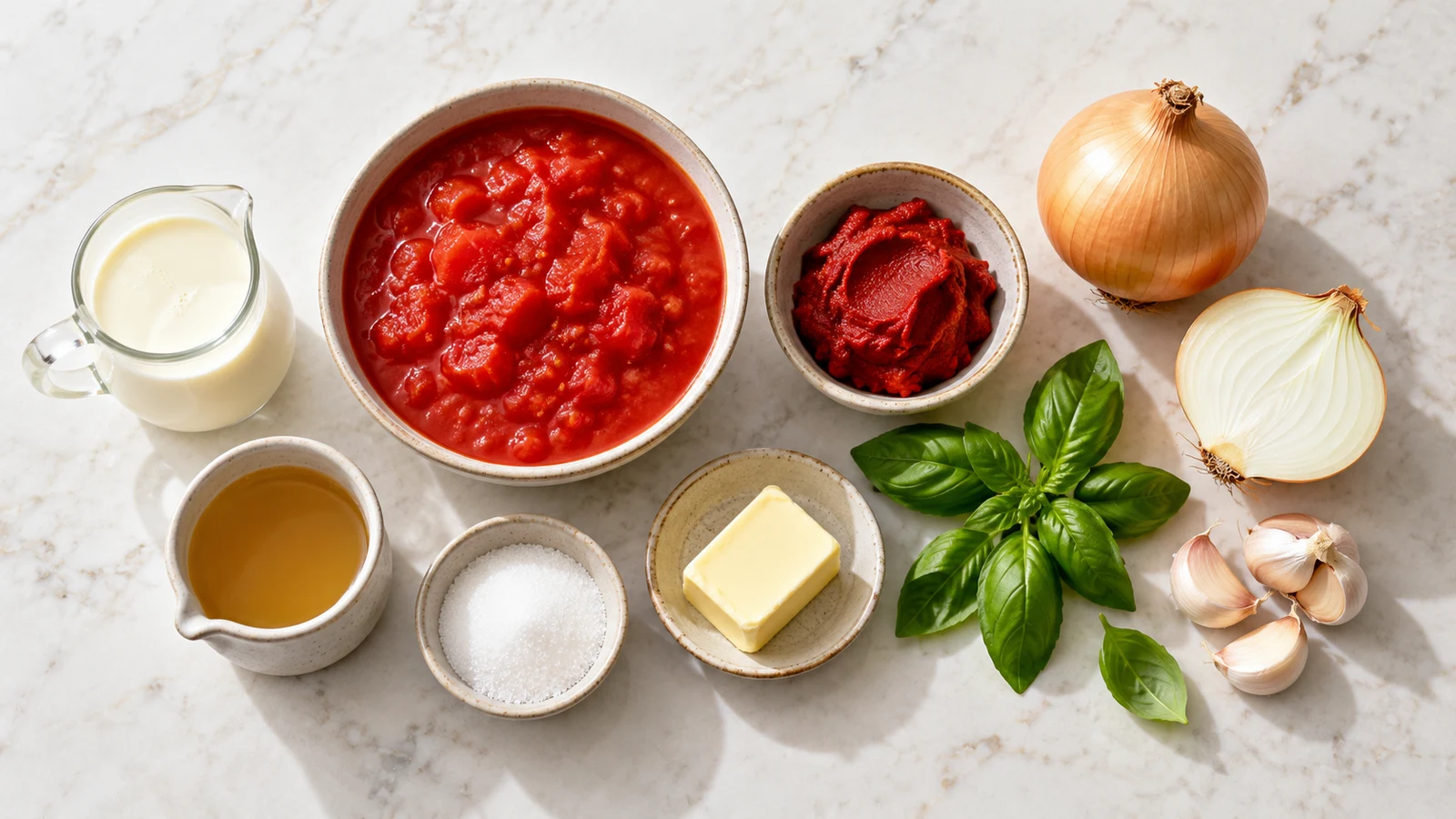 Canned tomato soup recipe: ingredients for canned tomato soup arranged neatly in a bright, organized flat lay.