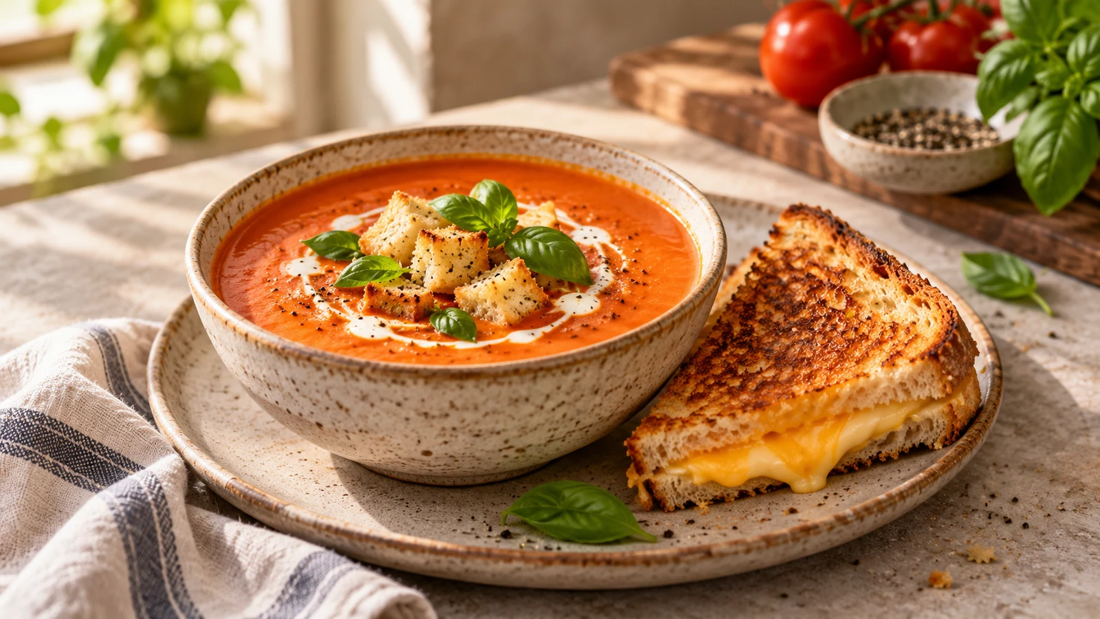Canned tomato soup served with basil, croutons and a golden grilled-cheese half.