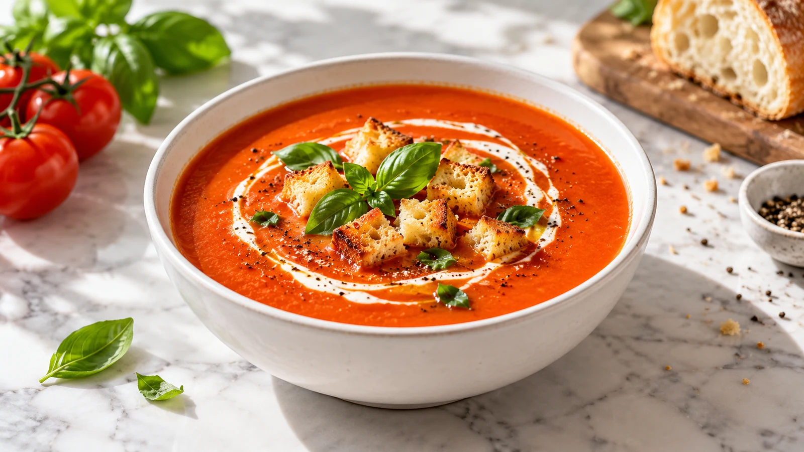 Creamy canned tomato soup with a cream swirl, basil, black pepper and crisp croutons.