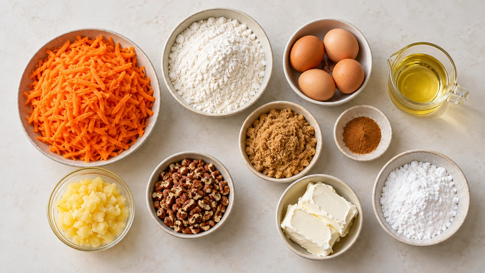 Carrot bundt cake recipe: carrot Bundt cake ingredients arranged in bowls on a clean, light surface.