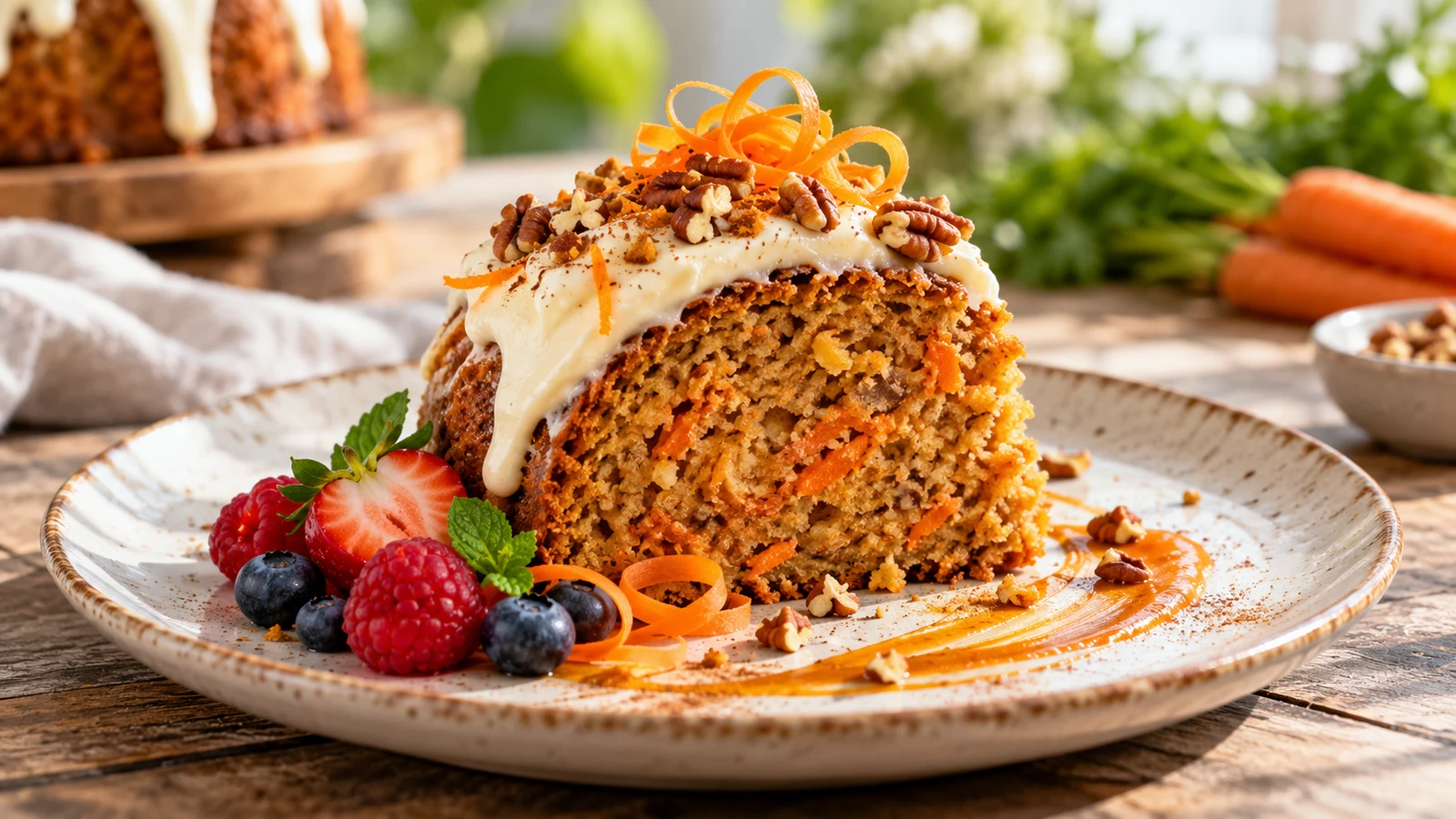 Carrot Bundt cake slice with cream cheese frosting, pecans, carrot curls, and fresh berries.