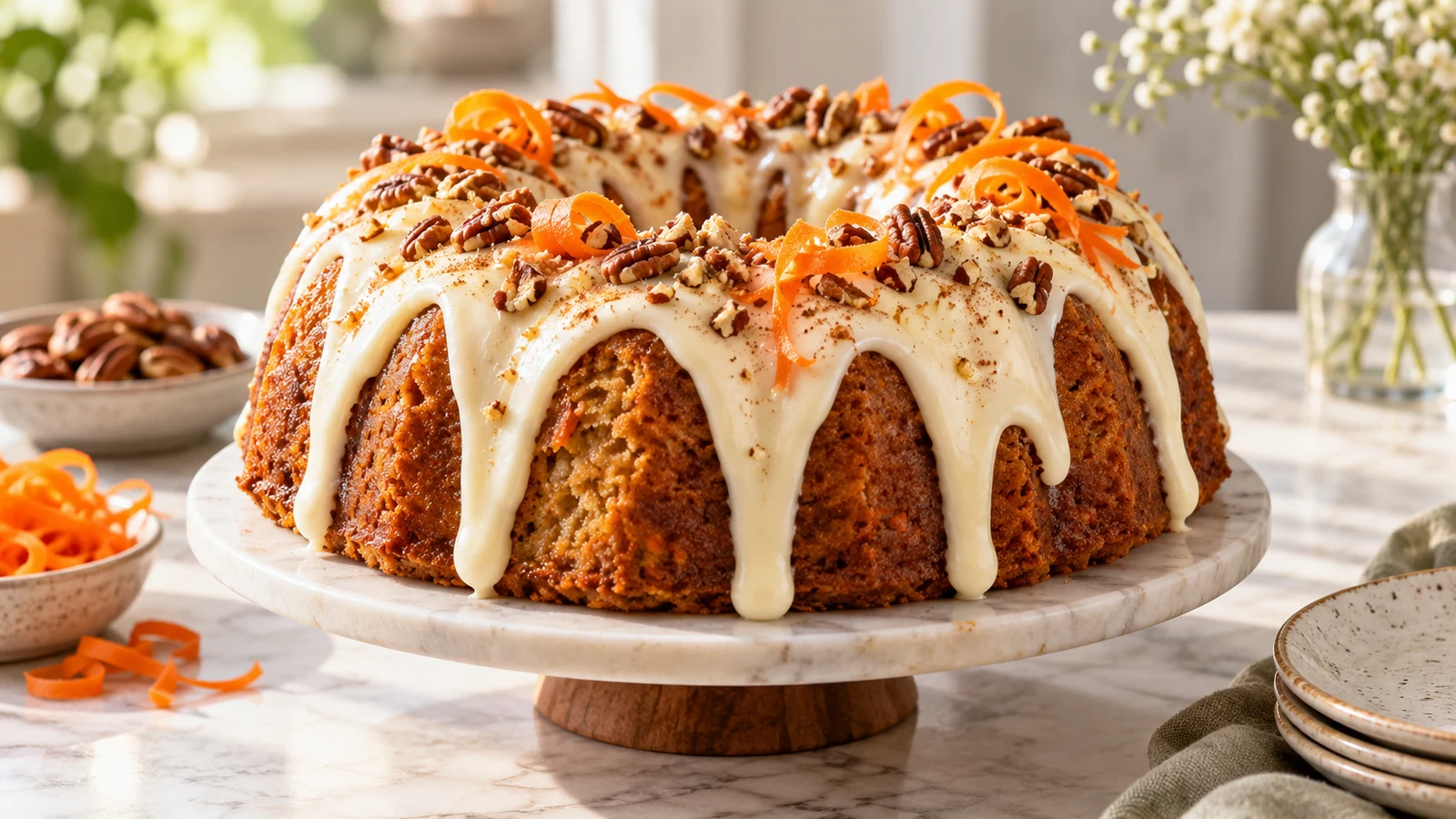 Carrot Bundt cake with cream cheese frosting, chopped pecans, and delicate carrot curls.