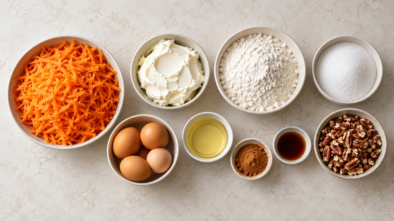 Carrot cake cheesecake recipe: carrot cake cheesecake ingredients arranged with carrots, cream cheese, flour, eggs, cinnamon, and pecans.
