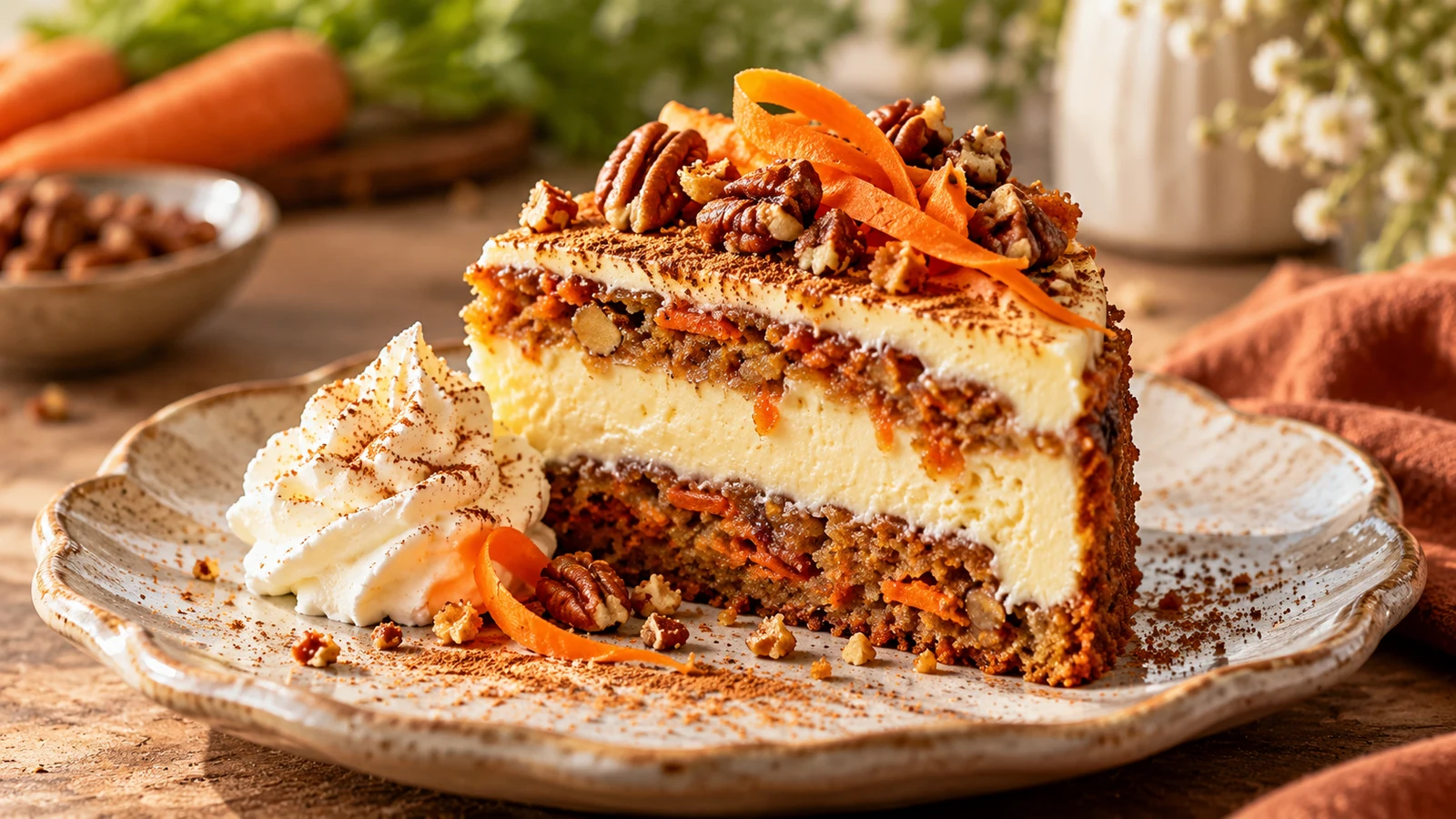 Carrot cake cheesecake slice with toasted pecans, carrot ribbons, cinnamon, and lightly whipped cream.