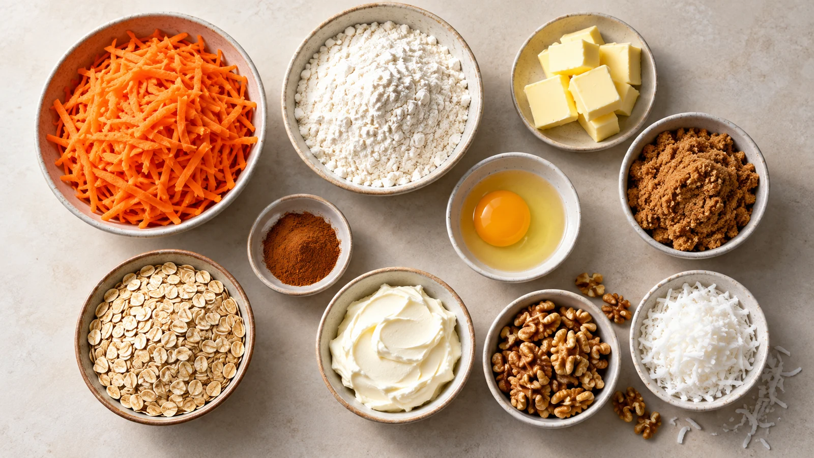 Carrot cake cookies recipe: ingredients for carrot cake cookies arranged in bowls, including carrots, oats, cinnamon, and cream cheese.