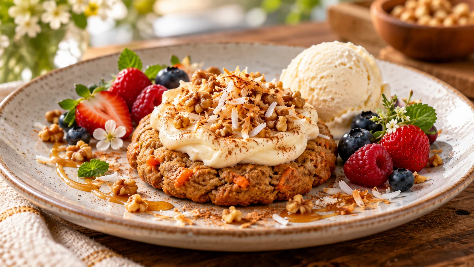Carrot cake cookies served with fresh berries and vanilla ice cream, topped with walnuts and toasted coconut.
