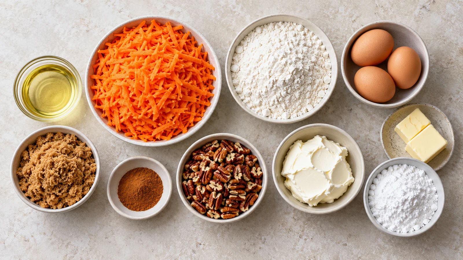 Ingredients for carrot cake recipe with cream cheese frosting