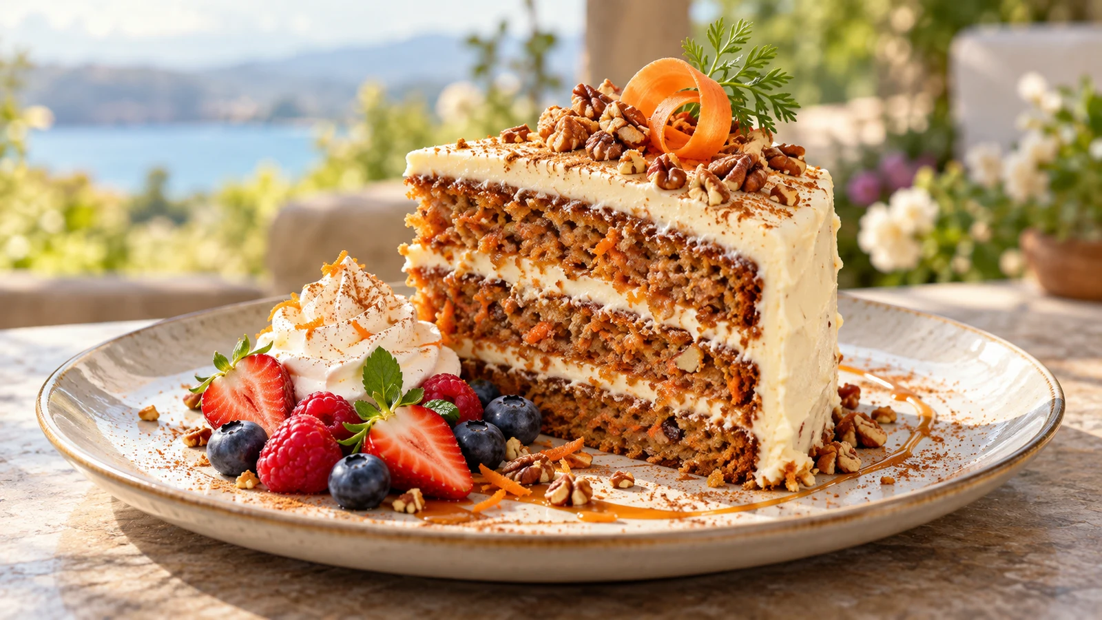 Carrot cake recipe with cream cheese frosting plated and served