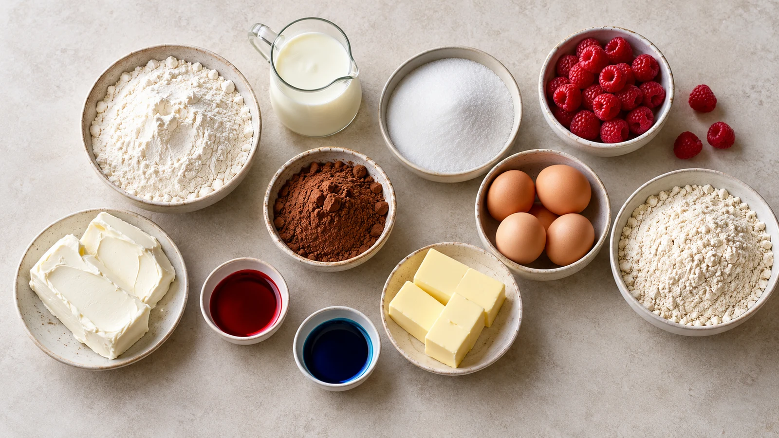 Cheesecake and red velvet cake recipe: cheesecake and red velvet cake ingredients arranged in a bright, organized flat lay.