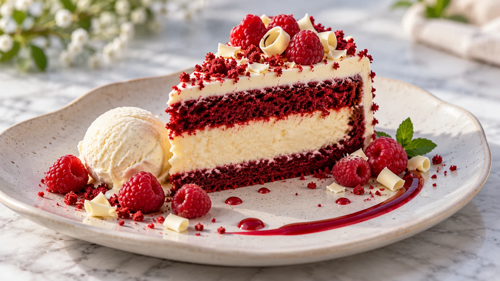 Cheesecake and red velvet cake slice served with raspberries and a scoop of vanilla ice cream.