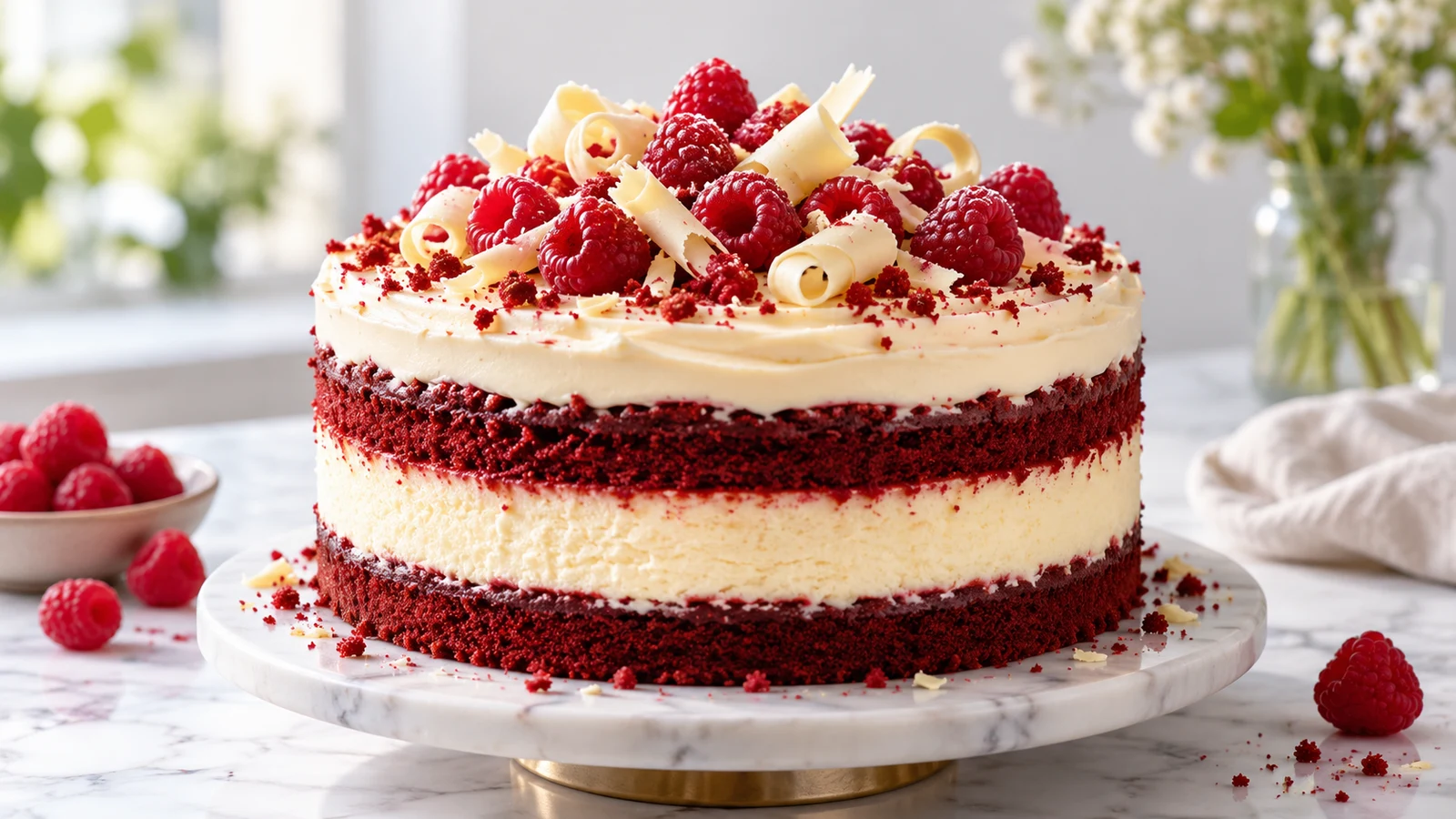 Cheesecake and red velvet cake with cream cheese frosting, red crumbs, white-chocolate curls and raspberries.
