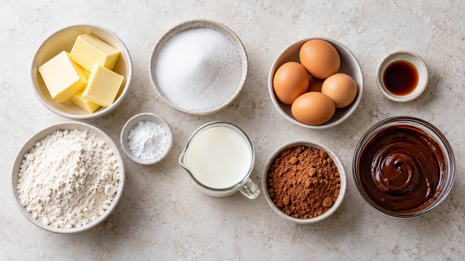 Chocolate and vanilla marble cake recipe: ingredients for chocolate and vanilla marble cake arranged in a bright, organized flat lay.