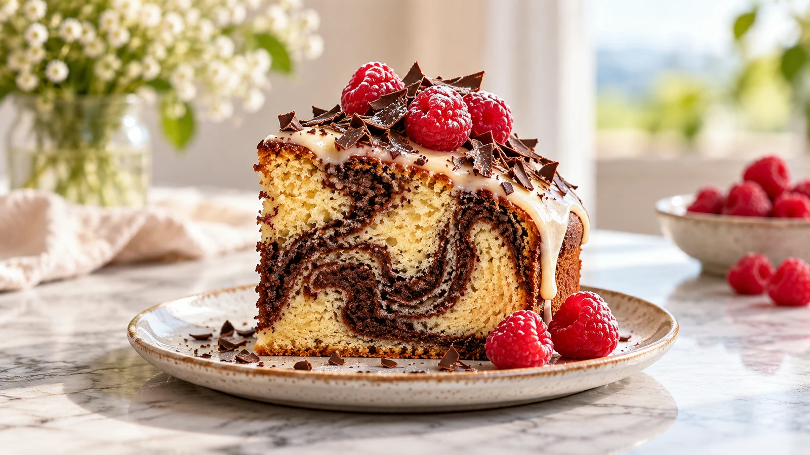 Slice of chocolate and vanilla marble cake with vanilla glaze, chocolate shavings, and raspberries.